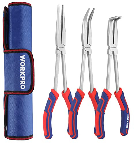 WORKPRO 3PC Long Reach Pliers Set, 11 Inch Extra Long Needle Nose Plier Set Includes Straight, 90° & 45° Bent Nose Plier, Pliers Tool Set for Narrow Spaces