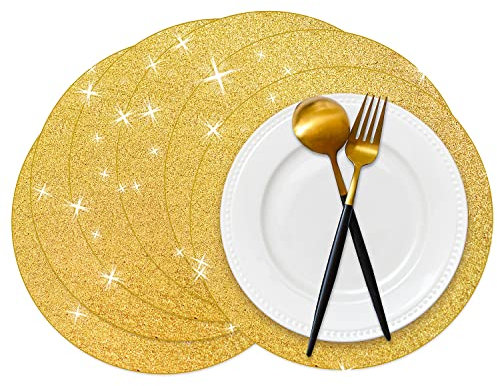 Datyiiha 50 goldene Glitzer-Papier-Tischsets, glitzernd, rund, Einweg-Tischsets mit goldenen Pailletten-Deckchen für Hochzeit, Bankett, Party & Zuhause