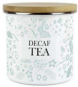 Purely Home Wild Rabbits Green Decaf Tea Storage Canister - White Metal Enamel Kitchen Food Storage Container