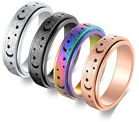Feasnow Anti Anxiety Fidget Rings for Women Stress Relief Spinner Ring Moon Star Titanium Steel Ring 6mm Set 4Pcs Size 5-11 (7, 6mm Moon Star Spinner Rings 4pcs)