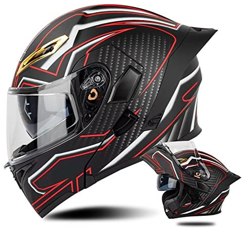 RUYICZB Motorradhelm Mit Heck DOT/ECE-Zugelassene Klapphelme Mit Doppeltem Antibeschlag-Visier, Integralhelm Für Erwachsene, Männer Und Frauen,Rot,XL