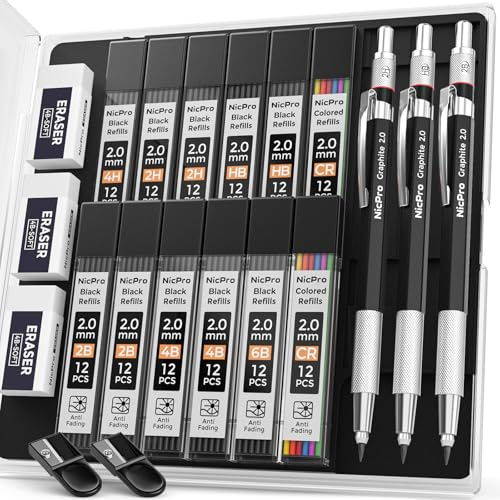 Nicpro 3 st 2 mm mekaniska pennor med fodral, konstmekanisk penna 2 mm med 144 st blypåfyllningar (4H, 2H, HB, 2B, 4B, 6B, färg), suddgummi och vässare för att skriva ut, rita och skissa