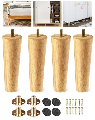 Eidoct Solid Wooden Furniture Legs Wood Sofa Legs 4 Pcs Chair Leg Bed Cabinet Couch Legs Sofa Feet Straight Cone Furniture Replacement Feet with Mounting Plate, Screws and Anti Slip Mats (20 cm