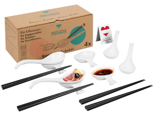 Urban Trading, Ramen Cuenco Accesorios de 4 Cucharas Ramen Porcelana 4 pares de palillos de bambú 4 cuencos para salsas de porcelana, banco de palillos, soporte para cucharas para ramen Bowl