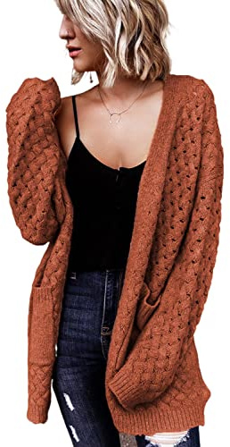 Dokotoo Brown Cardigan Sweaters for Women 2026 Fashion Trendy Loose Casual Fall Thick Long Sleeve Open Front Long Chunky Cable Knit Cardigan Sweater Outerwear Coat with Pockets Small