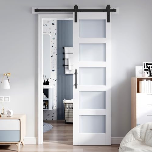 ROYMELO 24 x 84 Inch Glass Sliding Barn Door Slab and 4ft Hardware Kit Included, 5 Frosted Glass, LVL Wood Panel Covered with White Water-Proof Scratch-Resistant PVC Surface, Simple DIY Assembly