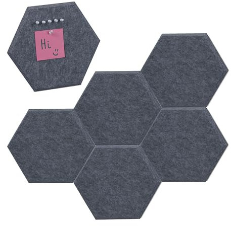 Relaxdays Filzpinnwand, 6 Stück, Selbstklebende Sechsecke aus Filz, HxBxT: 26x30x0,9 cm, Filzwand inkl. Pinnnadeln, grau