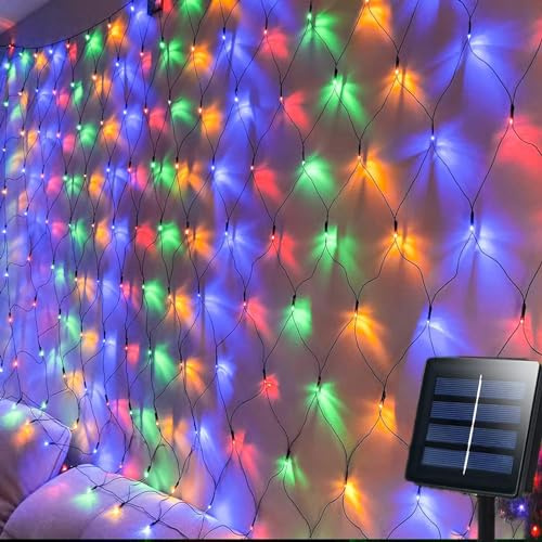 KINGCOO Cadena de luces de red solar, impermeable, 1,5 x 2 m, 120 LED, cortina de malla de luz solar, luces de carámbano para exteriores, interiores, jardín, Navidad, boda, decoración de fiesta