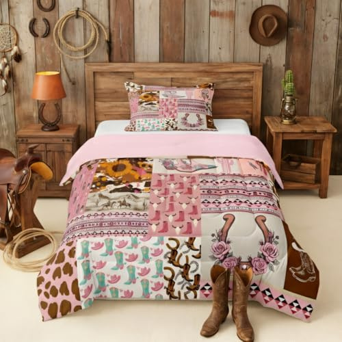 Erosebridal Western Bedding Pink Cowgirl Twin Comforter Set for Toddler Girls Cow Print Bedding Comforter Sets, Boho Cow Fur Western Style Duvet Set Farmhouse Horseshoe Pattern Quilt 2 Pieces