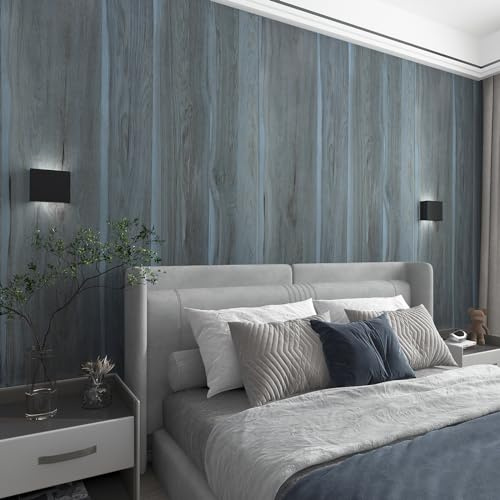TOTIO Blaue Holzmaserungsoptik Klebefolie Pfauenblau Selbstklebende Tapete DIY Vinyl Wandfolie PVC Dekofolie Wasserfeste Möbelfolie Klebetapete 40CMx3M Blasenfreies Design Mattes Verdickt Abnehmbar