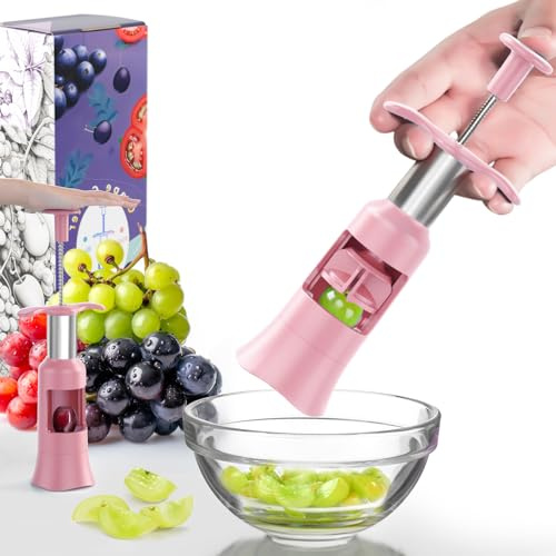 Newness Grape Cutter Tool - Stainless Steel Kitchen Gadgets with 2 Straw Brushes & 2 Types of Slicing - Cherry, Grape, Tomato - Baby Fruit Cutter (Pink)
