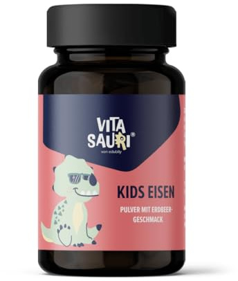 Vitasauri Kids Eisen - Eisenpulver für Kinder mit Lactoferrin & Vitamin C aus Acerolaextrakt - Leckerer Erdbeer-Geschmack - Vegetarisch - Ohne Zucker (65 g)