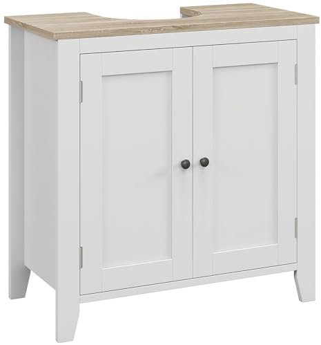 kleankin Mobile Sottolavabo Bagno a U con Ripiano Regolabile Interno, Mobile Bagno in MDF, 60x30x60 cm, Bianco e color Legno