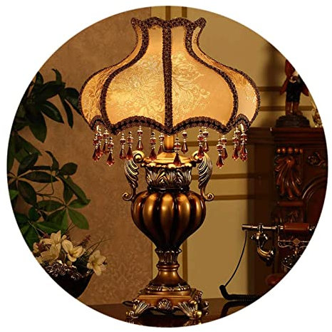Lampe de table dorée de style européen, style princesse victorien, lampe de chevet en tissu de soie, corps de lampe sphérique en résine avec base peinte à la main pour salon, chambre à coucher