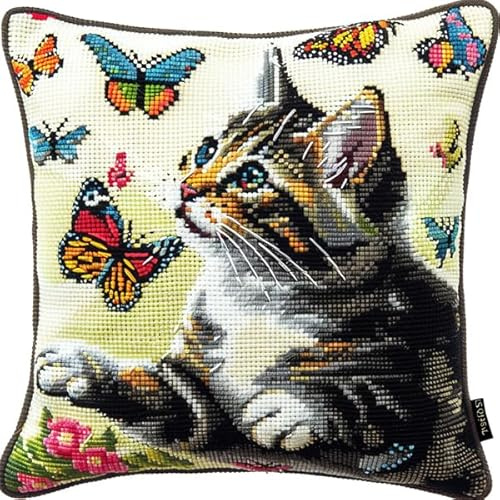 kitphoenix Kit Complet de Crochet pour Coussin Chat Tapis DIY Broderie Kit Tapis Point Noué à Faire pour Débutants, Adultes ou Enfants,Latch Hook Canevas Coussin Point 43x43cm