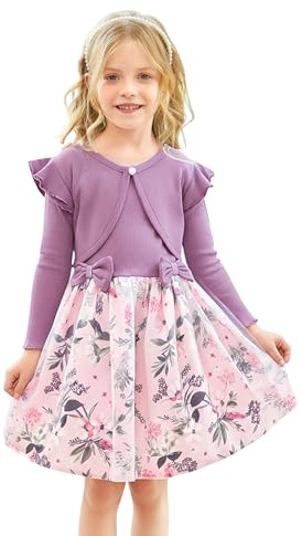 PatPat Robe Fille 3PCS avec Cardigan et Bandeau – Ensemble de Robe Fleurie Tulle pour Enfants, Idéal pour Noël, Anniversaire, Fête, Automne-Hiver, Lilas 3-4 Ans, Taille 98-104cm