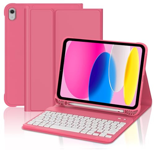 Coque Clavier pour iPad A16 11/10 Ème Generation 2025/2022 11/10.9 Pouces | Étui Keyboard Magnétique Détachable Bluetooth sans Fil, AZERTY Français avec Porte Crayon, Rose magenta