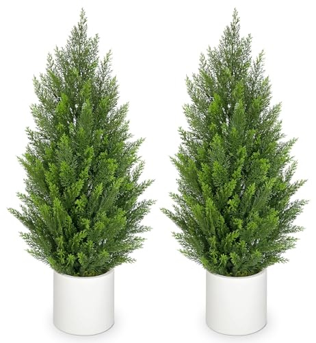 Hollyone 2 Stück Kunstpflanze Zypresse Pflanzen Kunststoff 90cm Künstliche Pflanze im Topf Zedernbaum Künstlich Outdoor Kunstbaum für Haustür Haus Veranda Garten Dekoration