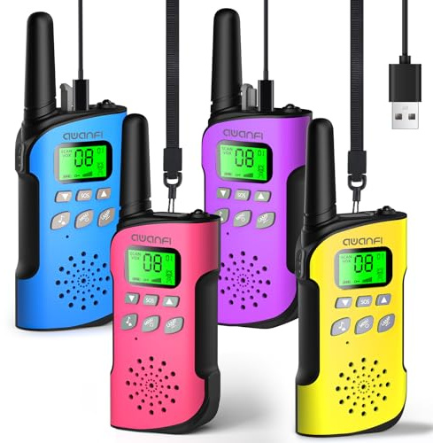 AWANFI Walkie-Talkie per Bambini, 4 Pezzi Walkie Talkie Ricaricabile, Radio a Lungo Raggio, con VOX, Torcia, Funzione SOS, Walkie-Talkies per Campeggio, Avventure, Regali per Bambini 3 a 12 Anni
