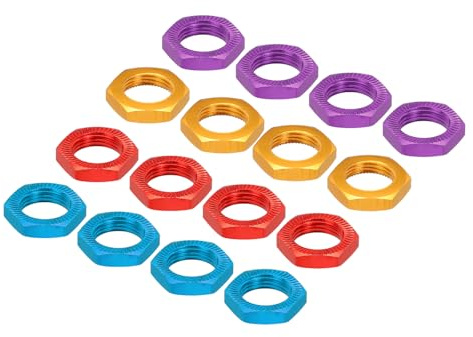 QUARKZMAN Packung mit 16 Aluminium 17mm RC Radmutter Rot/Gold/Blau/Lila | Gewinde M12x1,0mm Sechskant Radmuttern RC Radmutter, für 1/8 RC Modellauto Lkw Geländewagen, Aufgerüstete Teile