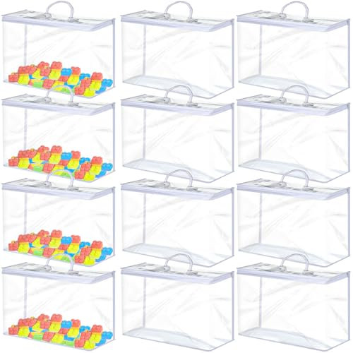 12 Pcs Clear Toy Storage Bags, Large Toys Organizer Clear Plastic Storage Bag with Portable Handle and Zip, Thickened PVC Organizing Handbag for Building Block Puzzle Clay Board Game Book Cosmetics St