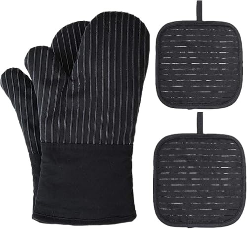 CUEMOON Premium Anti-Rutsch Ofenhandschuhe (2er Set) bis zu 240 °C - Silikon Extrem Hitzebeständige Grillhandschuhe BBQ Handschuhe - zum Kochen, Backen, Barbecue Isolation Pads (Schwarz-Extra Lange)