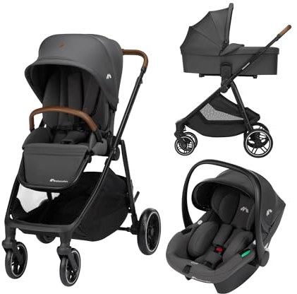 Bebeconfort Luvia Trio, Carrito bebé 3 en 1, 0-4 Años (0-22 kg), Cochecito, Silla coche, Capazo, Cierre Inteligente, Manillar Ajustable, Absorción de Impactos en Ruedas, Mineral Graphite