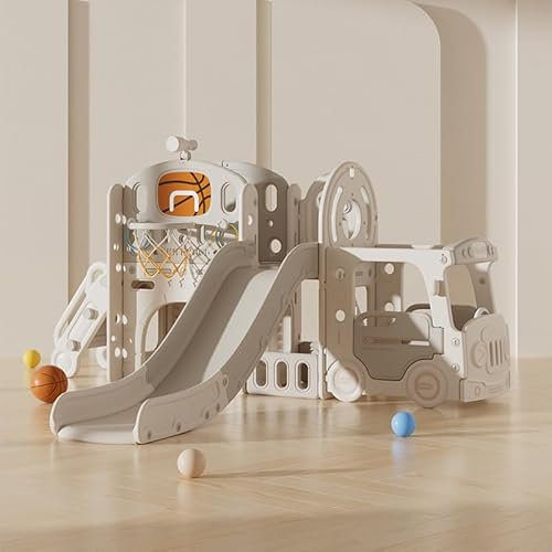 Zkiprm 5 in 1 Versatile Scivolo per bambini, Scivolo per interni per bambini, Scivolo per bambini, Scivolo extra lungo 200 cm, Cornici da basket, Gol da calcio, Mini Bus, Scale (Grigio)