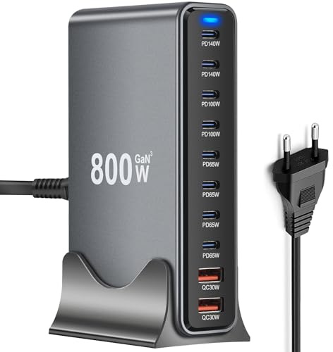 GaN3 800 W USB C-laddare, multipel - 8 x USB-C-portar (140 W/100 W/65 W) och 2 x USB-A-portar (30 W QC) - Kompakt laddare för flera enheter, kompatibel med bärbara datorer, iPhone 15/16, Galaxy, PS5