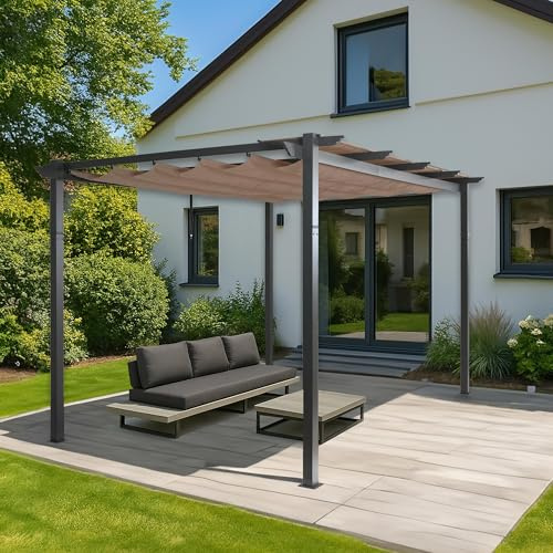 Pérgola de aluminio HWC-N93, cenador para jardín, estable estructura de 8 cm, techo solar UV50+ 3 x 4 m, color topo