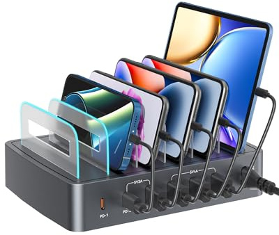 RENGOGA Stazione di Ricarica USB C 72W a 6 Porte per Più Dispositivi, Ricarica Rapida PD 45W per iPhone 14/13, 2x USBC & 4x USB A, Senza Cavi di Ricarica, Per Smartphone Tablet AirPods