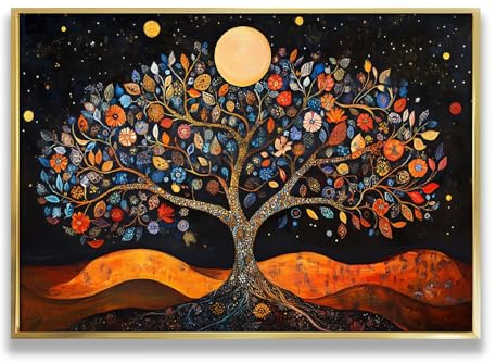 Via Vela Albero della Vita Colorato Tela di Canapa Arte Della Parete Mistico Tramonto Natura Stampe Uniche Artistiche Decorazioni Ufficio Opera D'arte Quadro Appeso A Parete 60x90cm Con Cornice Oro