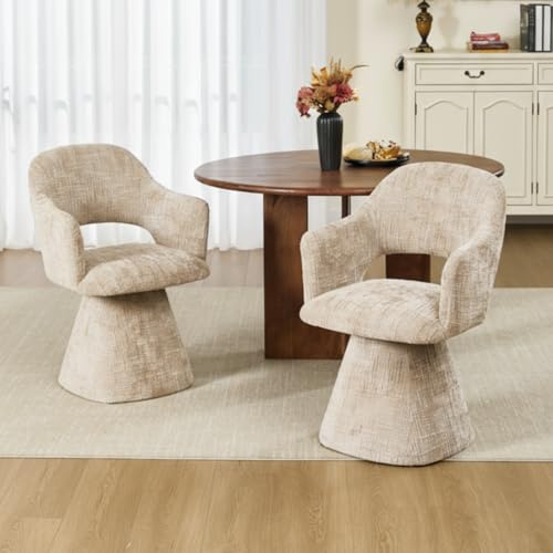 Ya-Home Esszimmerstühle drehbar 2er Set gepolsterte Küchenstühle mit Armlehnen Drehstuhl Esszimmer Polsterstuhl mit Ausschnitt-Lehne, Chenille, Beige