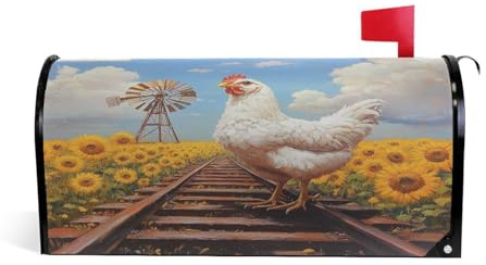 Hicken Stands Old Rusty Train Tracks Sunflowers Windmill Magnetic Mailbox Cover Large Size 25x21 Inch Letter Box Covers Decorative Mailbox Wrap for Home Garden Decor