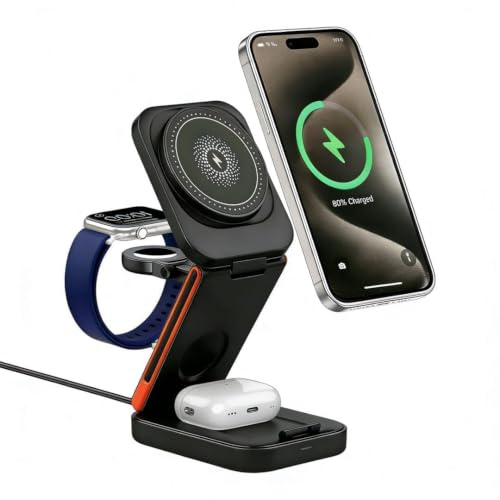 3-en-1 Chargeur sans Fil Pliable 15W Compatible avec iPhone 17/16/15 Watch | Station de Charge Rapide /14/13/12, Apple Ultra/SE/10/9/8/7/6/5/4/3/2, AirPods Pro/4/3/2, Dock de Voyage Compact
