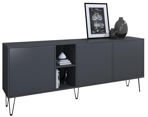 Vladon Sideboard Havana, TV-Schrank mit 3 Türen und 2 offene Fächer, Kommode Made in Germany, Anthrazit matt/Anthrazit matt (181,5 x 73 x 35 cm)