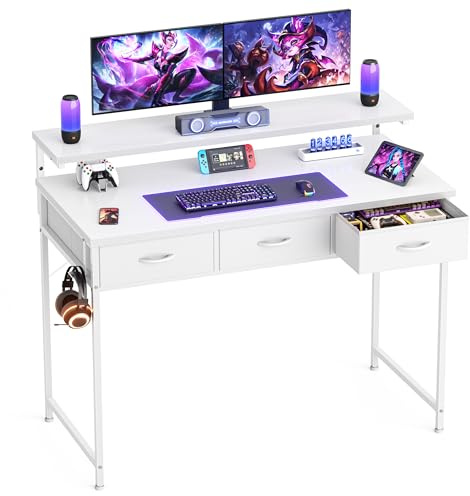 Gaming Desk with Adjustable Monitor Stand, 3 Storage Drawers, White 100cm | Computer Office Desk with Headphone Hook, Carbon Fibre Surface, for Gamers, Workers and Students