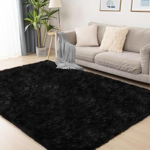 ANJIAJIE Teppich Flauschig 270 x 300 cm Flauschige Oberfläche, Pflegeleicht Und Robust Shaggy Hochflor Teppich für Schlafzimmer Küche Geeignet, Schwarz