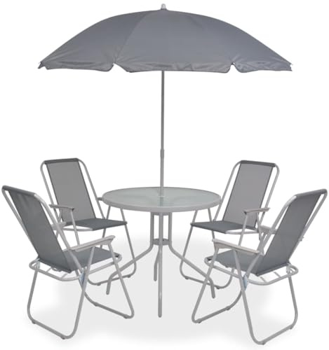 Ziaphsol Salon de jardin, 6 pièces, acier revêtu par pulvérisation et textilène gris, table en verre de 80 cm, 4 chaises empilables, parasol, ensemble de meubles d'extérieur résistants aux intempéries