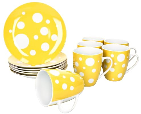 MamboCat Pula Lot de 12 pièces pour petit-déjeuner - 6 assiettes à dessert et 6 tasses à café à pois - 300 ml - En porcelaine - Pour 6 personnes - Décor à pois jaunes - Pour petit déjeuner et café