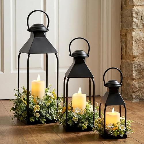 Set di 3 Lanterne Decorative per Candele, Portacandele Metallo Stile Vintage - Senza Candele, Lanterne Candela Decorative Sospese per Giardino Portico Camino Matrimoni Feste Natale Esterno Interno