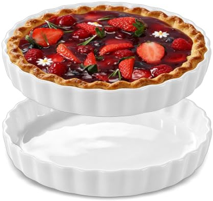 2 Pack Ceramic Quiche Dish 22cm - White Porcelain Pie Dish for Oven, Non-Stick Flan Dish Set, Wide Round Baking Pan for Pie, Pizza, Tarts, Pasta & Desserts, Dishwasher & Microwave Safe, Ribbed Edge