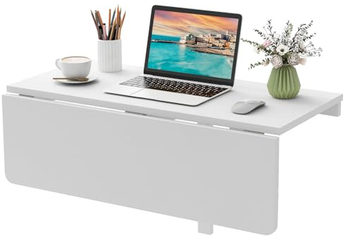 COSTWAY Tavolo Pieghevole a Muro, Tavolino Porta PC da Parete in Legno, Tavolo a Scomparsa Multifunzionale, Ideale per Soggiorno, Cucina e Studio, 80 x 60 x 45 cm (Bianco)