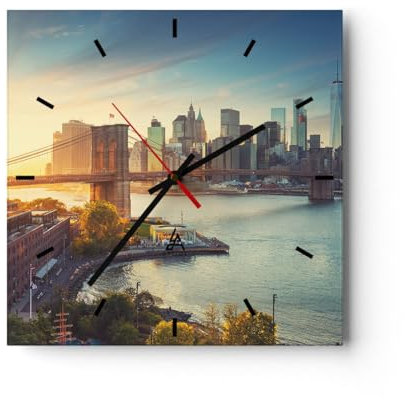 Modern Wanduhr New York Brücke 40x40cm Quadrat Groß Wand Uhr Glas Analog Zimmeruhren Küche Büro Wohnzimmer Glasuhr Wall Clock Dekoration Design Wanddekoration Küchenuhr C3AC40x40-4047