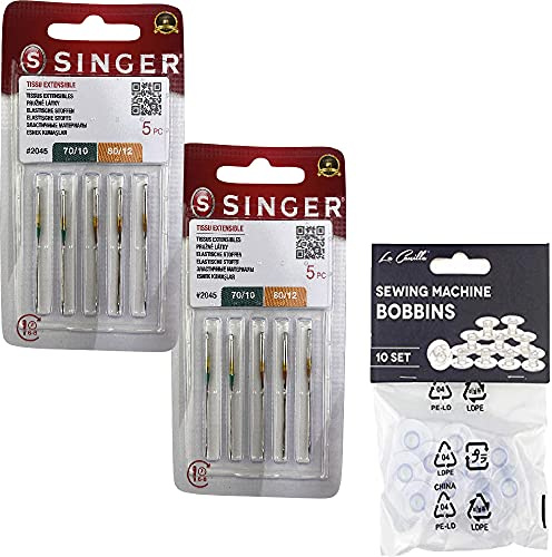 Packung mit 10 Nähmaschinennadeln für Singer 2045, verschiedene Stärken 70/10 und 80/12 für elastische Stoffe und Strickwaren (Stretch) 130/705 H-S (einseitig flach) Universal