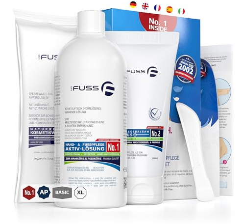 Mr. Fuss® No. 1 - Advanced Pack Basic - Groß, Nagelhaut- Hornhautentferner Sparpaket 4 tlg. Aktiv-Lösung Schnell & Stark erweichend - 500 ml, Balsam No. 2-200 ml, Watte, Schaber