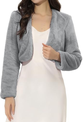 Allegra K Damen Langarm Bolero Felljacke Kunstpelz Hochzeit Mantel | Flauschiges Abend-Outfit, Herbst-Wintermantel, vorne offen, flauschiger Übermantel, langärmelig, kragenlos, formell