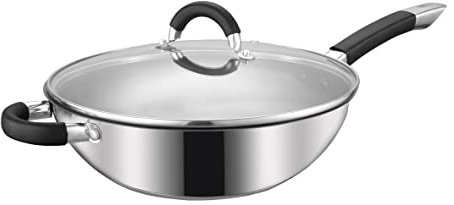 Royal Cuisine 28cm Stainless Steel Wok Pan with Glass lid, Stir Fry Pan with Glass Cover Compatible with Induction, Energy Saving