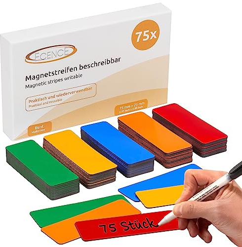 ECENCE Magnetstreifen beschreibbar 75 Stück - 75x25mm - bunt | abwischbare Magnetschilder - Magnet-Etiketten zuschneidbar für Whiteboards, Kühlschränke, Magnettafeln