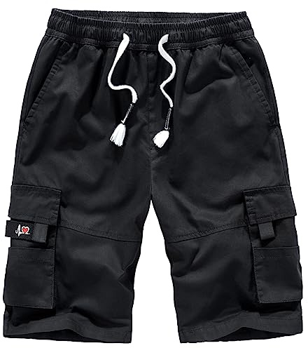 Jamron Homme Grande Taille Short Bermuda Cargo à Taille Élastiquée avec 8 Poches Été Short en Coton Décontracté Noir 5XL